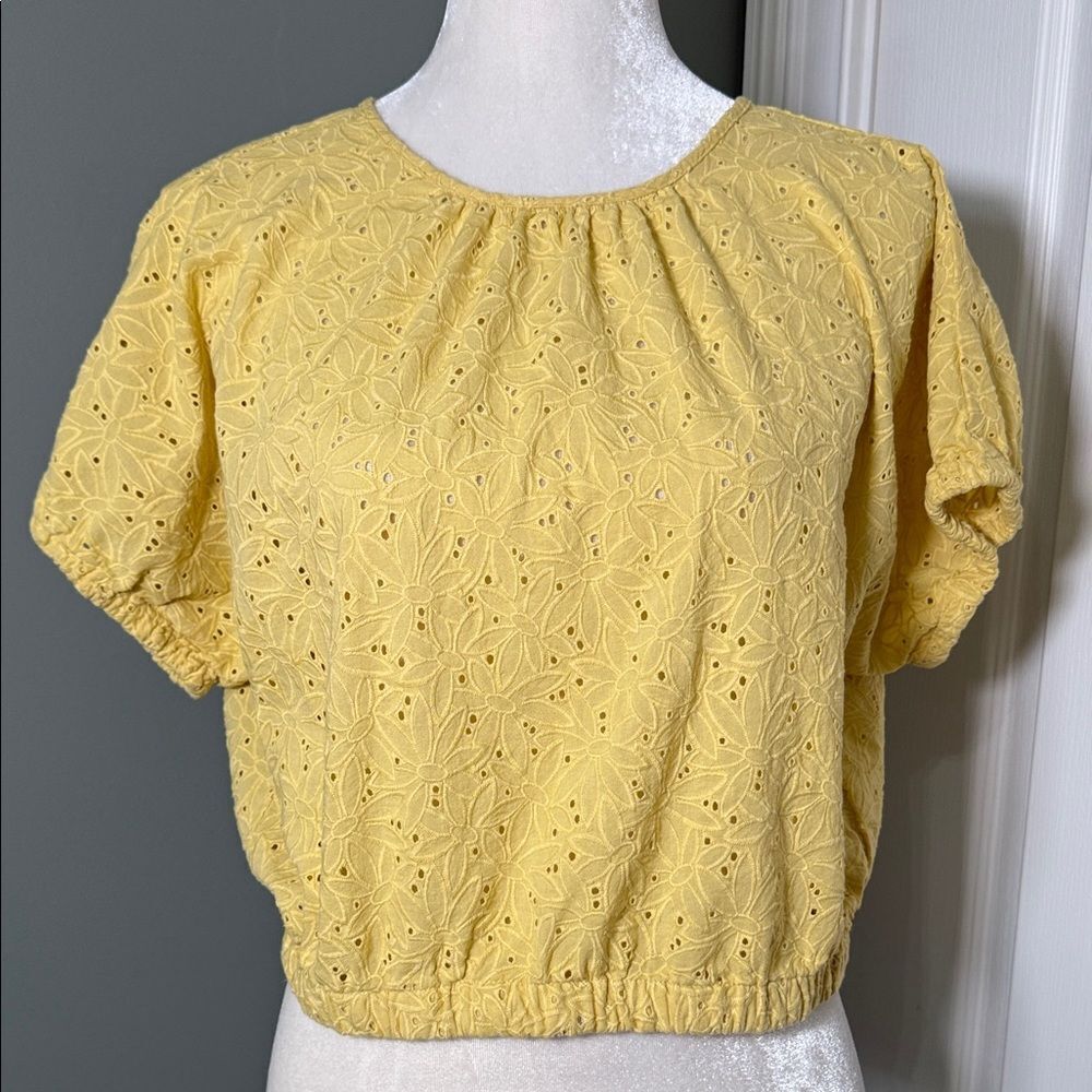 Madewell Yellow Eyelet Cropped Blouse Puff Sleeve Back Tie Small